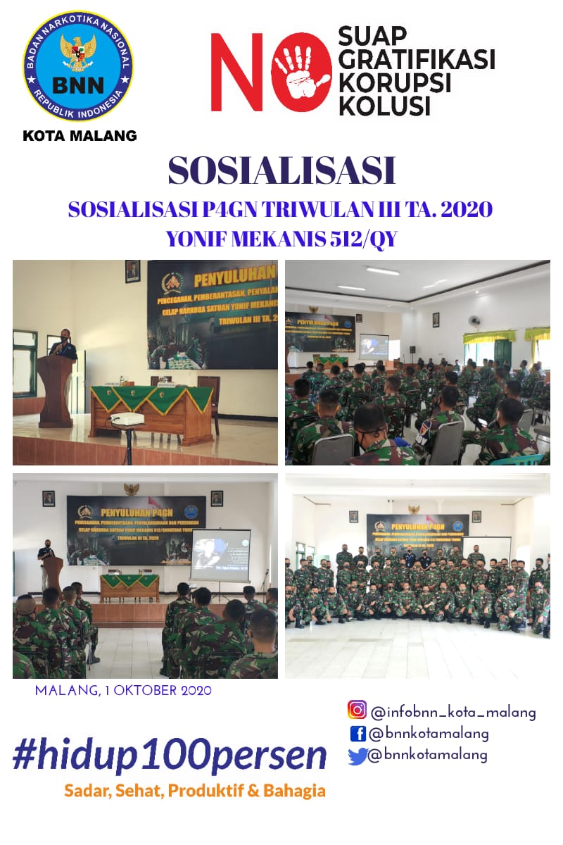 Sosialisasi Pencegahan Pemberantasan Penyalahgunaan dan Peredaran Gelap Narkoba Triwulan III TA. 2020 Yonif Mekanis 512/Quratara Yudha Sosialisasi Pencegahan Pemberantasan Penyalahgunaan dan Peredaran Gelap Narkoba Triwulan III TA. 2020 Yonif Mekanis 512/Quratara Yudha